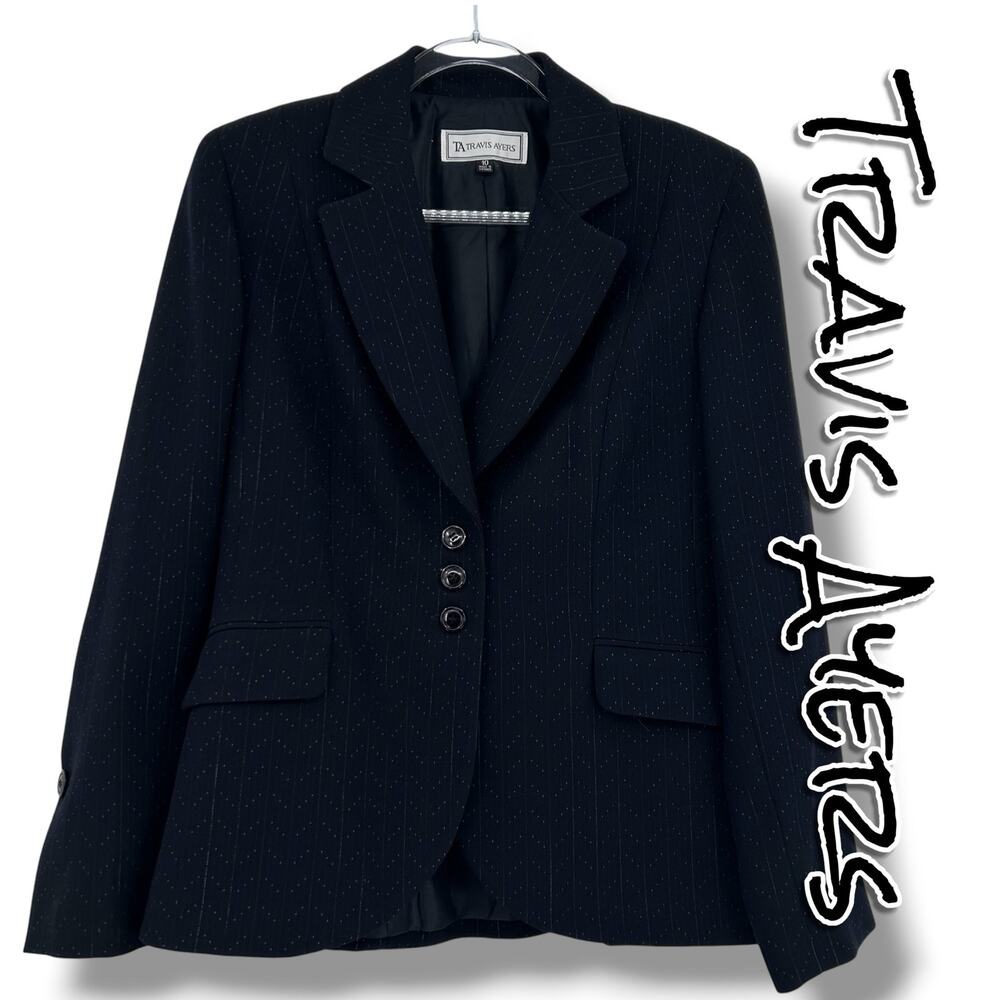 Travis Ayers Women's Black Pink Pinstripe 3 Button Career Blazer Jacket Size 10